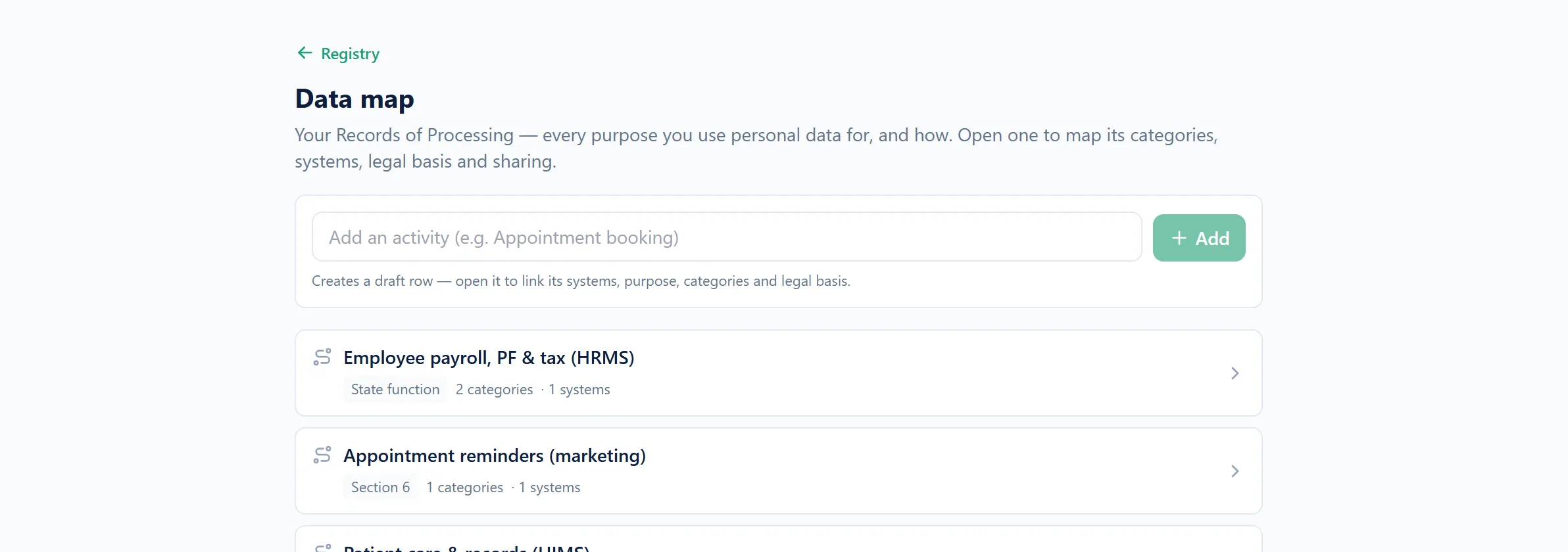 Processing activities, each showing the systems involved and the legal basis relied on.