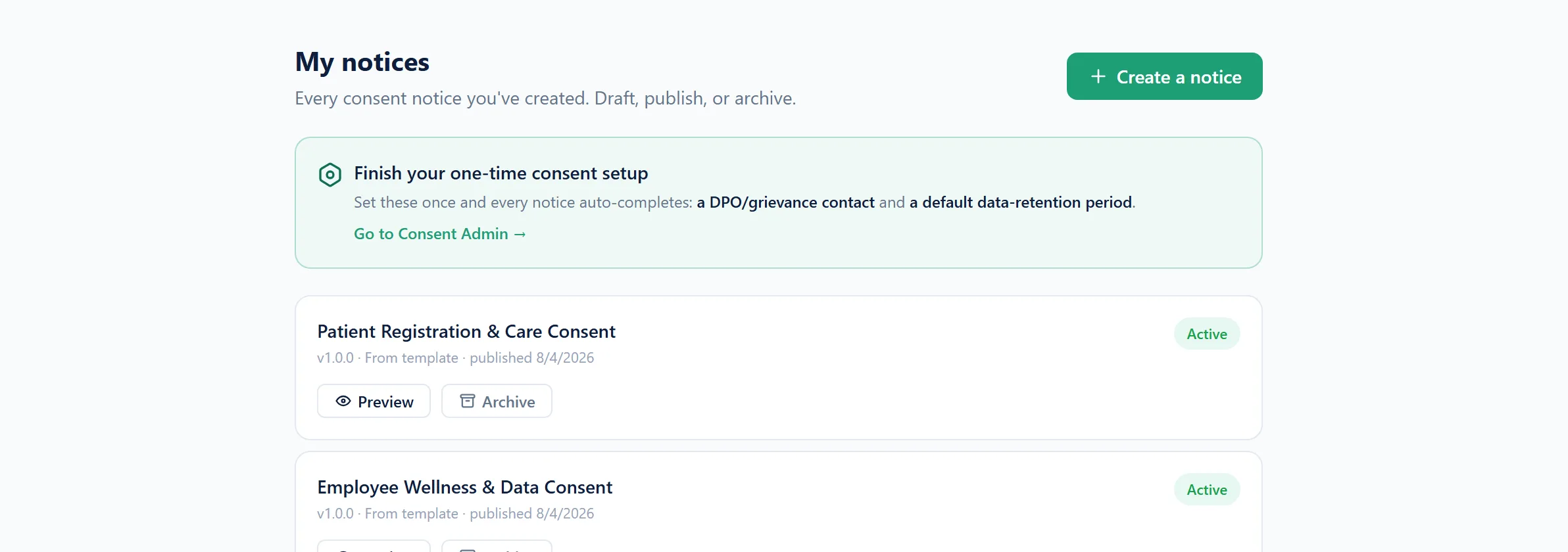 The consent notices screen, listing published notices with their versions and status.
