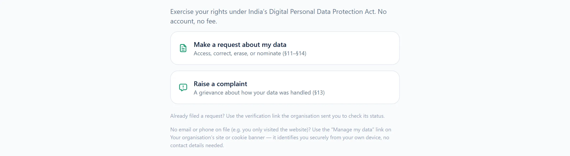 The public data principal rights portal: two large choices — make a request about my data,
covering access, correction, erasure and nomination, or raise a complaint about how data
was handled — with a note that no account and no fee are required.